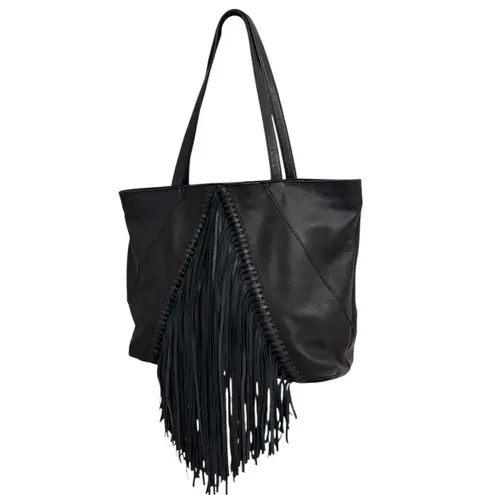 Steven By Steve Madden Black Leather Fringe Boho Tote Shoulder Bag 18x13x4.5