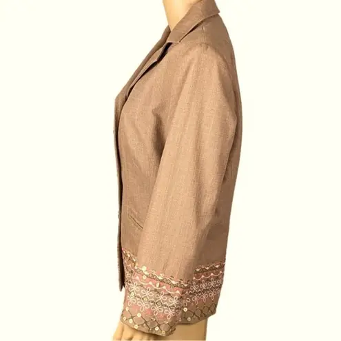 VICTOR COSTA “OCCASION” light Brown blazer w/embroidery and sequins. Medium. EUC