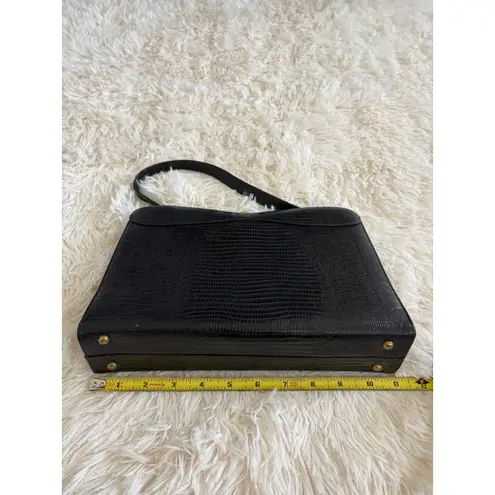 Vintage 50s Style Top Handle Handbag Black Lizard Print Purse Gold Hardware