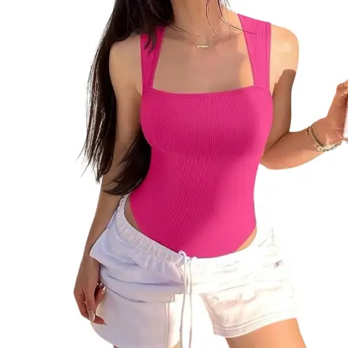 OQQ Womens Bodysuit Sexy Ribbed Square Neck Tummy Control Tank Top Pink Medium