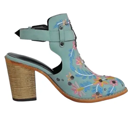 Boho Embroidered Booties Blue Vegan Chunky Block Heel Buckle Slingback Boots 11