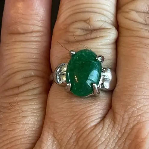Green jade stone silver heart ring size 8.5