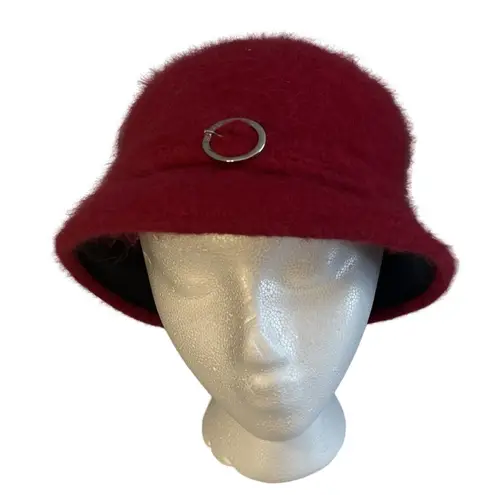 Vintage Ophelie Montreal Hat Red Angora Rabbit Fur Silver Buckle Bucket Hat