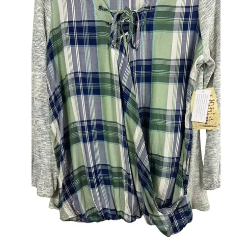 One World 2x Plaid Mixed Media Front Wrap Tie Neck Long Sleeve 2X NWT