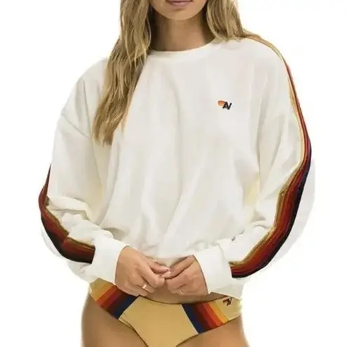 Aviator Nation Crewneck Stripe Velvet Velour Pullover Sweatshirt White Large