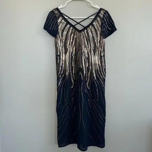 Rio Bazaar Navy Blue & Gold Sequin Dress XS Crisscross Back Art Deco Sparkle