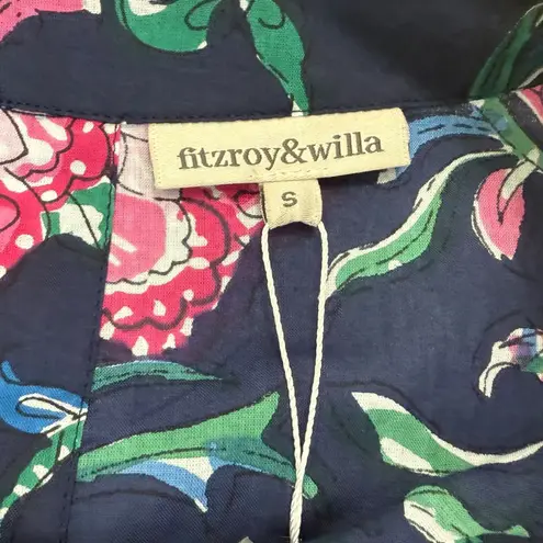 Fitzroy & Willa NWT Floral Print Soleil Dress Navy Balloon Sleeve Cotton Size S Blue