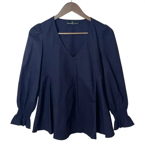 Tuckernuck Pomander Place Easton Blouse Navy Puff Sleeve V-Neck Peplum XS