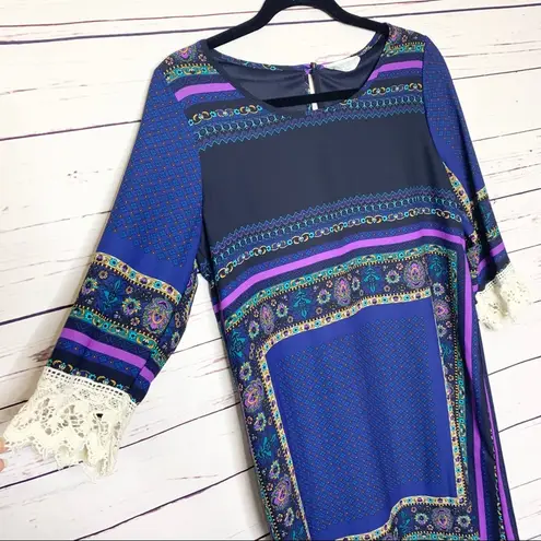 Peach Love California Peach Love Blue & Purple Boho Crochet Lace Sleeve Shift Dress Size Small