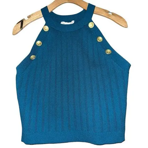 Happily Grey L Teal Green Blue High Neck Sleeveless Halter Side Gold Buttons Top Size L