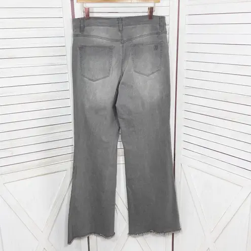 Diane Gilman DG2 Floral Embroidered Wide Leg Stretch Jean Grey 12 Raw Hem Gray