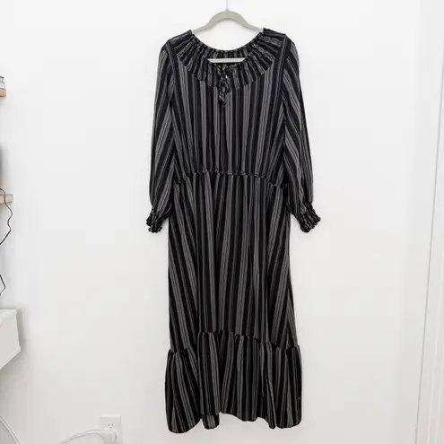 Terra & Sky Womens Dress Size 2X Black Gray Stripe Long Sleeve Maxi Boho Cottage