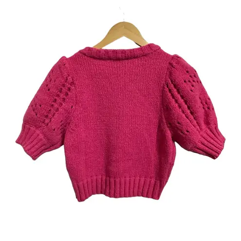 The Moon Day +  puff sleeve crochet knit hot pink knit cropped sweater Medium NEW