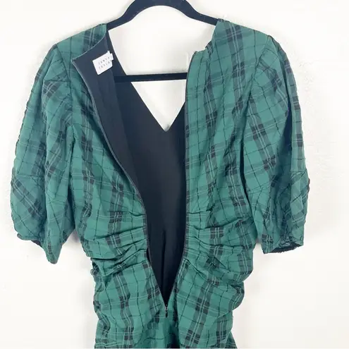 Tanya Taylor Emmaline Green Black Plaid Puff Sleeves Back Pleating Mini Dress 2