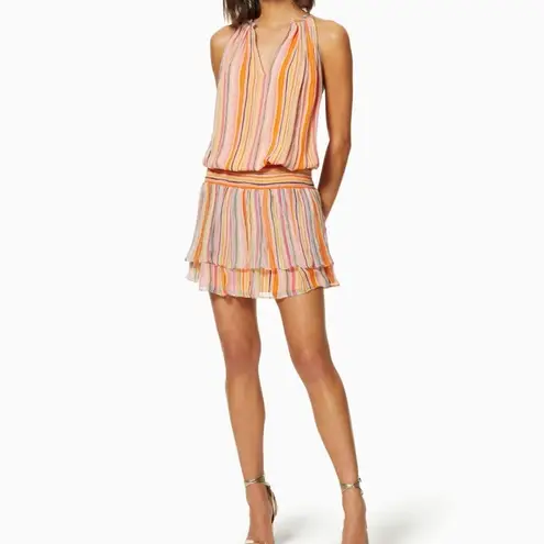 Ramy Brook Tobie Striped Smocked Waist Sleeveless Orange Silk Mini Dress