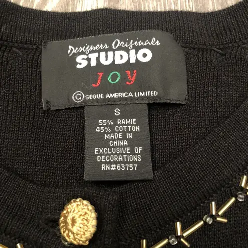 VTG 80's Studio Joy Women's Black Cardigan Beaded Jewel Trim Gold Buttons Size S