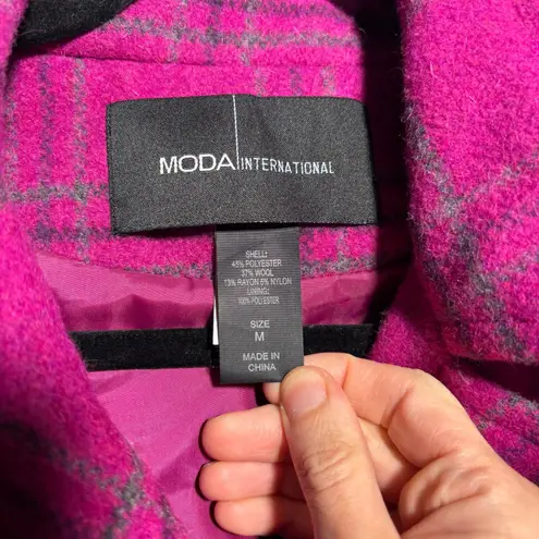 VTG Y2K Fuschia Double Breasted Plaid Peacoat Womens M Wool Blend Coat Moda Intl Pink Size M