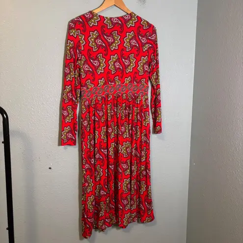 Boden Thea Long Sleeve Jersey Dress Midi Red Paisley Size 8 Petite Office Modest