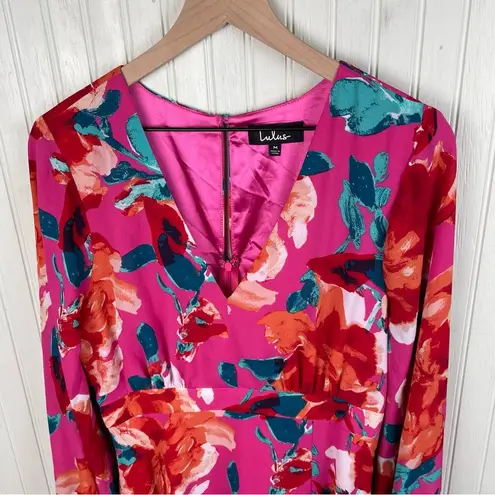Lulus Carolita Magenta Floral Print Long Sleeve Maxi Dress Size Medium Side Slit Pink