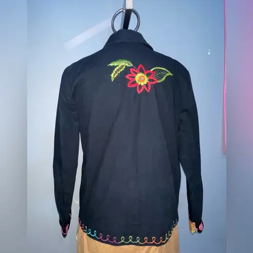 Hearts of Palm Made in India Embroidered Floral Heavy Cotton Blazer Jacket 10 Black