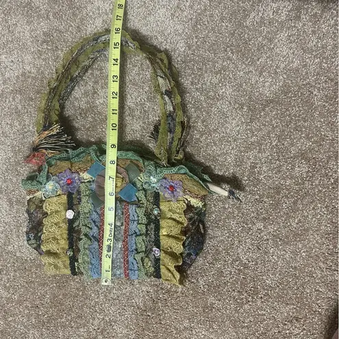 Textured fabric tapestry purse fairy cottage core lace Gypsy carpet bag art Green