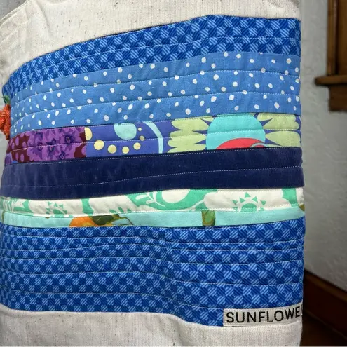 Boho Quilted And Stitched Canvas Art Deco Tote Bag Blue