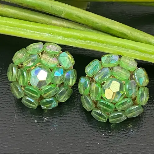 Vintage VOGUE Aurora Borealis Green Dome Cluster Beads Clip On Earrings