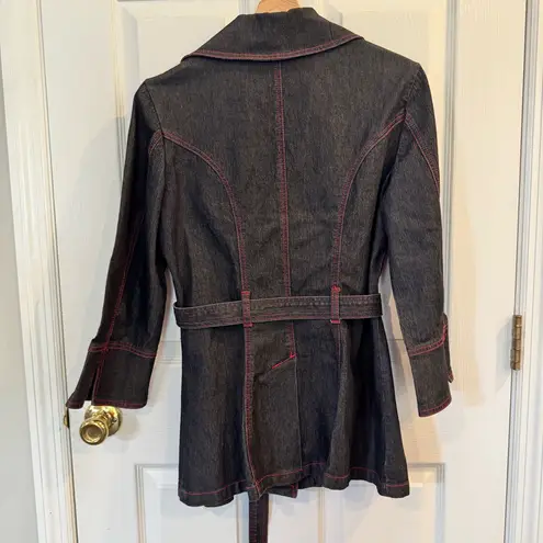 Bisou Bisou Denim Trench Jacket Red Stitch Women’s M Belted Dark Wash