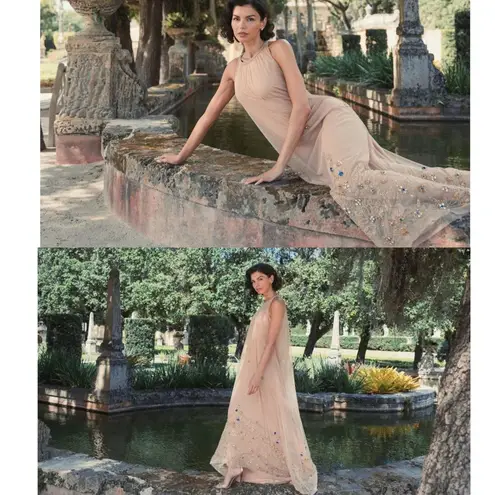 Mac Duggal 9232 High Neck Jewel Hem Embellished Trapeze Nude Gold Gown, Size 14