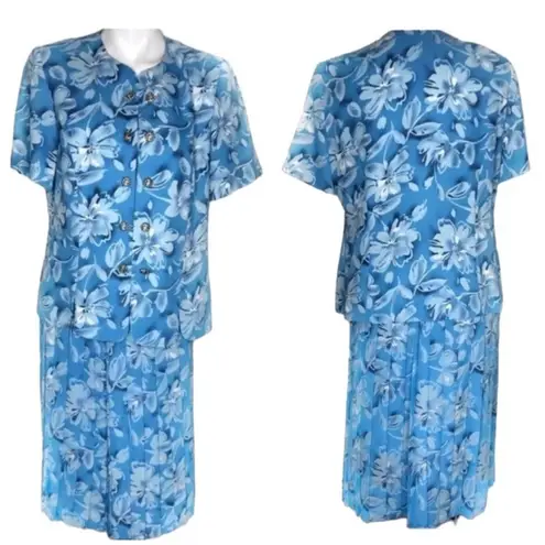 Leslie Fay Light Blue Floral Skirt Suit Womens Size 14 P VINTAGE