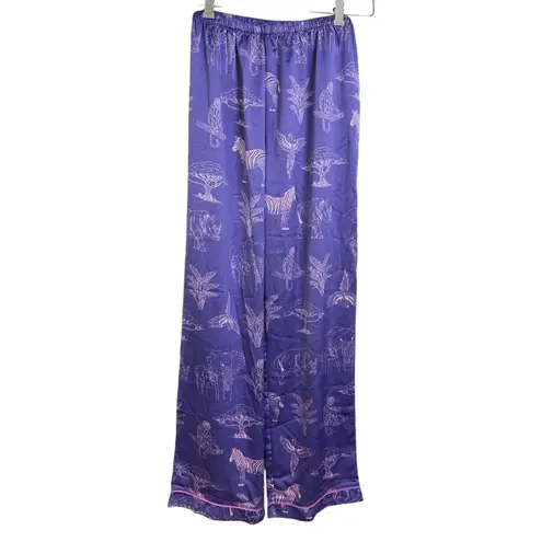 Chelsea Peers Safari Pajama Set Womens Small Purple Satin Button Up Elastic Pink - Image 5