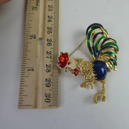 Gold Tone Rooster Chicken Colorful Animal Figural Brooch Pin Farm Livestock Bird Blue