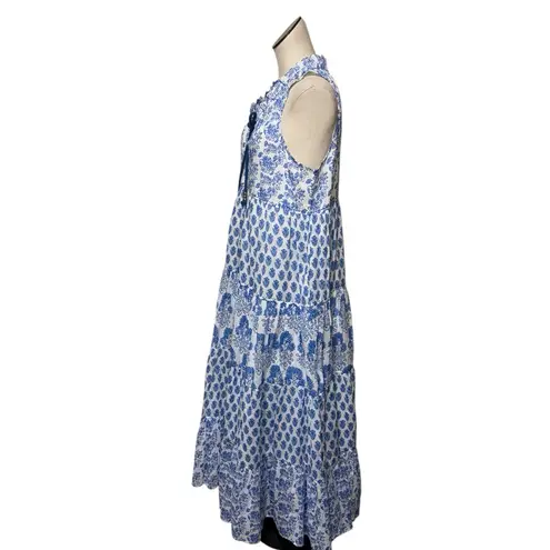 Calypso St. Barth NWT Blue & White Floral Maxi Dress cotton Tired tassel Tie M