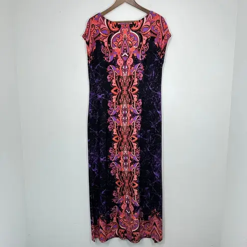 Bob Mackie Wearable Art Maxi Dress Black Purple Orange Paisley Print Cap Sleeve