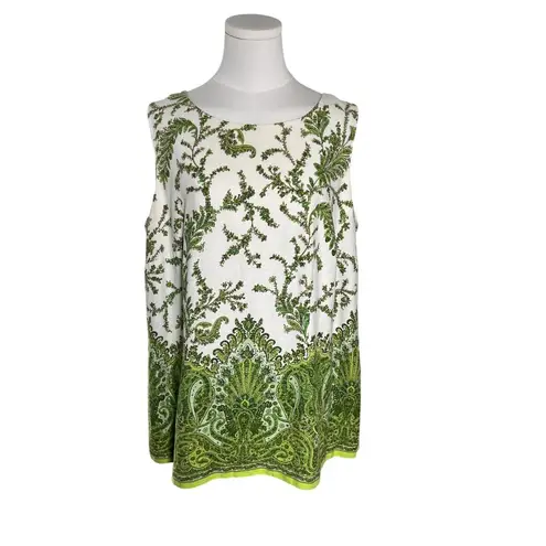 Positive Attitude Linen Blend Sleeveless Top Size 16 Green Paisley Print White