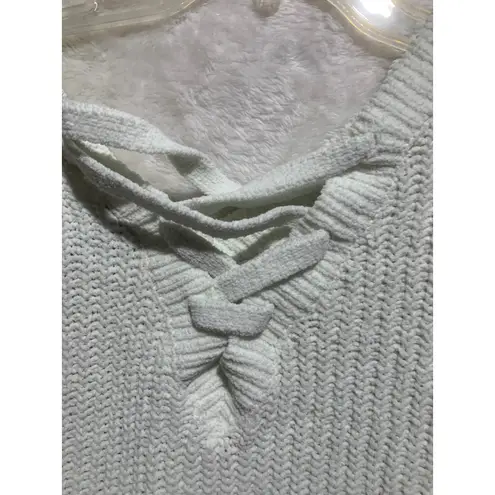 Derek Heart XL Cream Cable Knit Lace Up V Neck Distressed Tunic Sweater