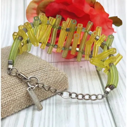 Coccinelle Silver Tone & Green Plastic Modern Art to Wear Bracelet 8"