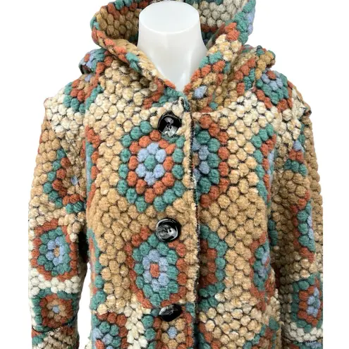 Italian Women's Granny Square Multicolor Floral Hooded Button Coat Jacket Sz S