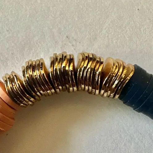 Canvas blue gold tone and peach stretchy clay disc bracelet