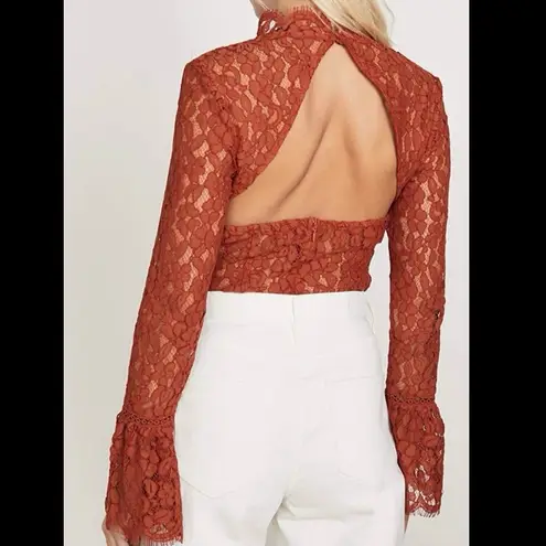 Endless Rose Rust Brown Lace Open Back Flare Sleeve Bodysuit Size XS