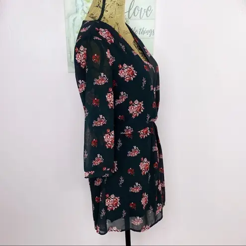 MiAmi by Francesca’s Floral Romper Black Pink Small Sheer 3/4 Sleeve V