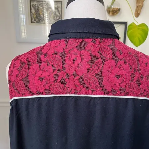 Shyanne Cold Shoulder Western Snap Front Cowgirl Shirt Black Red Lace Embroidere