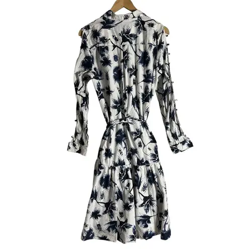 Osman Suzie White Floral Print Long Sleeve Tie Waist High Low Shirt Dress Sz 12