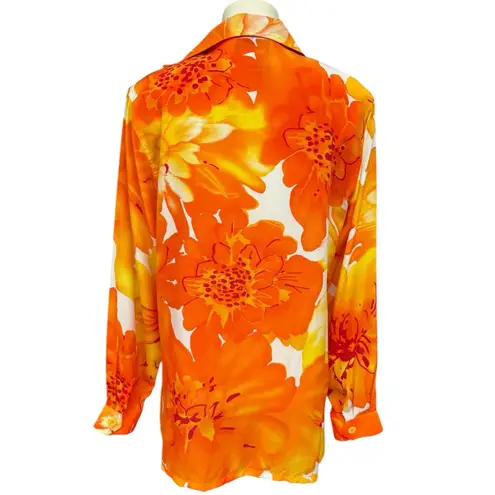 Diane Gilman 100% Silk Floral Sequin Blouse Orange Yellow Print Shirt Size M