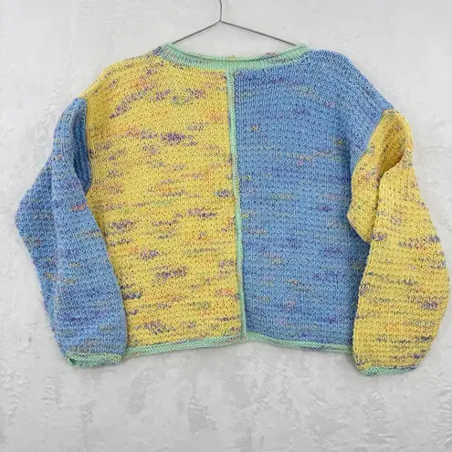 Chunky Hand Knit Pastel Blue Yellow Sweater V Neck Pullover Vintage Homemade XL