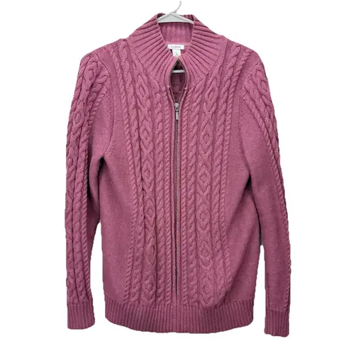 LL Bean Pink Double L Mixed Cable Full Zip Mock Neck Cotton Sweater Size LARGE
