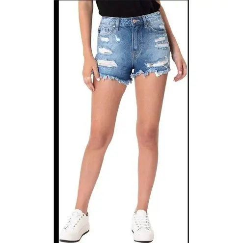 Kancan Distressed Cutoff Denim Shorts Rainbow Detail Women's Size L Blue Size L