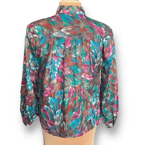 Vintage 90s Blouse Multicolor Feather Print Long Sleeve Collared Button Up Shirt Blue Size L