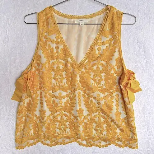 A loves A Cream Sheer Yellow Embroidered Floral Ribbon Bows Sleeveless Top Coquette Girl