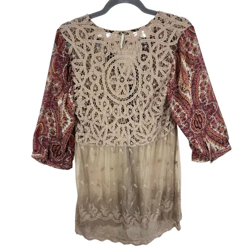 BKE Lace Crochet V-Neck 3/4 Sleeve Button Up Lightweight Sheer Tunic Blouse XL
